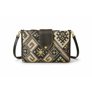 Ethnic Geometric Tapestry Crossbody Sling Bag with Leather Strap