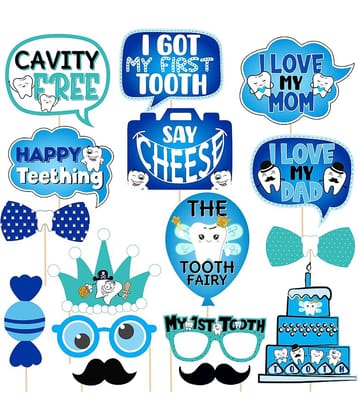 Zyozi 16 Pcs I Got My First Tooth Photo Booth Party Props/Colour Stylish Font/First Tooth Decoration/First Tooth Decoration Items for Baby/Blue My First Teeth Props/1st Teeth Decoration Items/Rice Ceremony Props/Rice Ceremony Decoration Kit