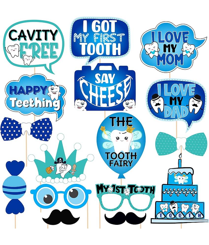 Zyozi 16 Pcs I Got My First Tooth Photo Booth Party Props/Colour Stylish Font/First Tooth Decoration/First Tooth Decoration Items for Baby/Blue My First Teeth Props/1st Teeth Decoration Items/Rice Ceremony Props/Rice Ceremony Decoration Kit