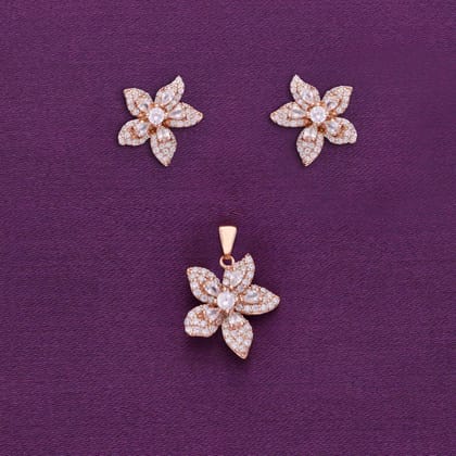 Shimmering Blossoms Zircon Silver Pendant & Earrings Set-White Stone / Rose Gold