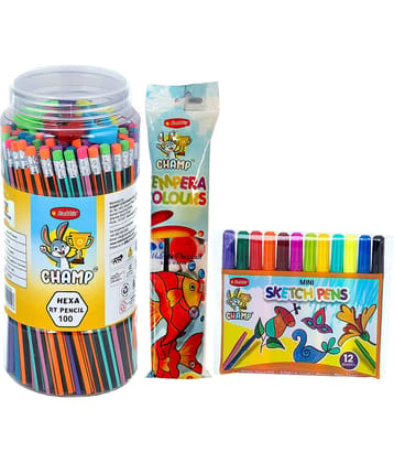 Rabbit Mini Art & Stationery Kit for Kids – Pencil Jar (100), Tempera 6 Colors, 12 Mini Sketch Pens with free 5 Sharpeners | Ideal Drawing & Coloring Set | Perfect Birthday Return Gift for Boys & Girls