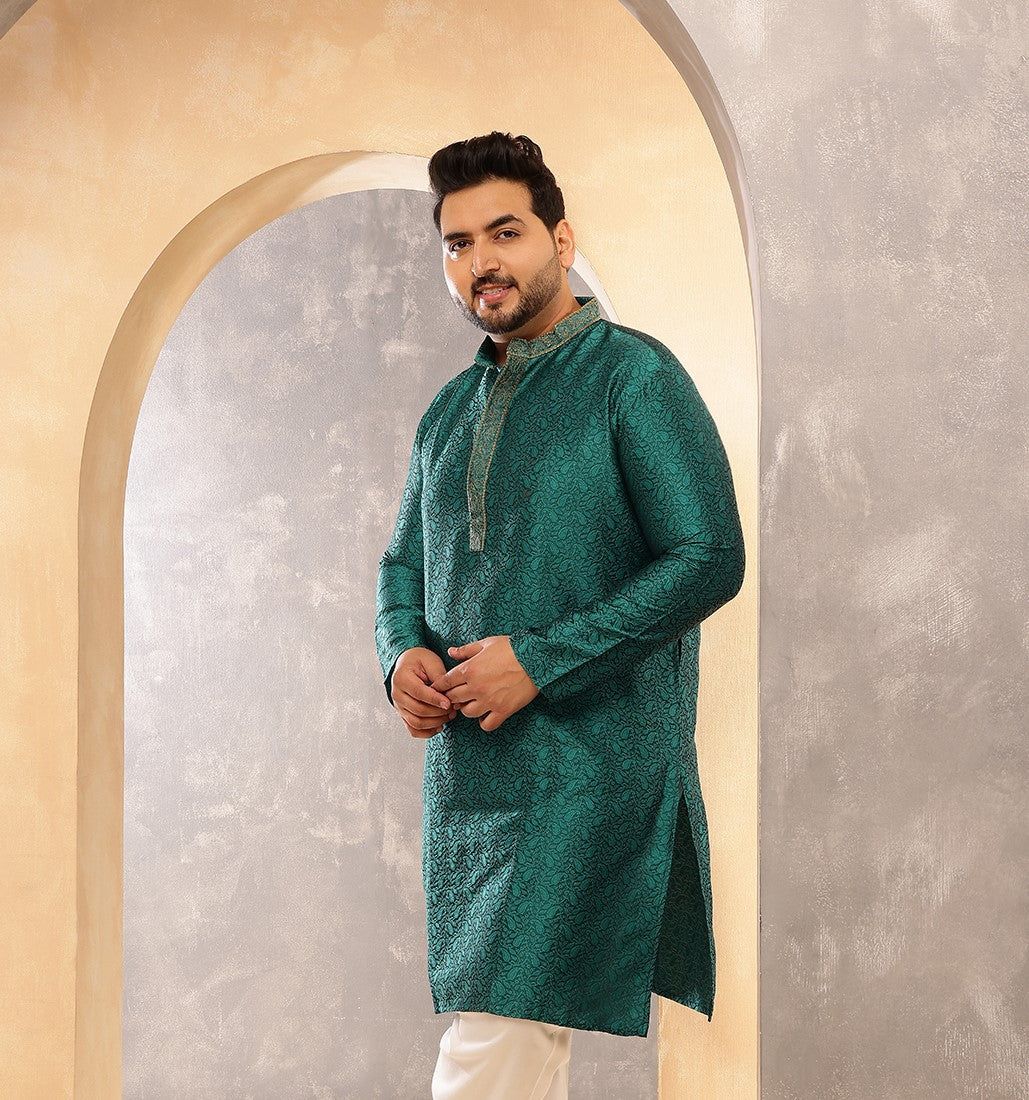 Men's Silk Blend Teal Green Self Design ONLY Long Kurta-44
