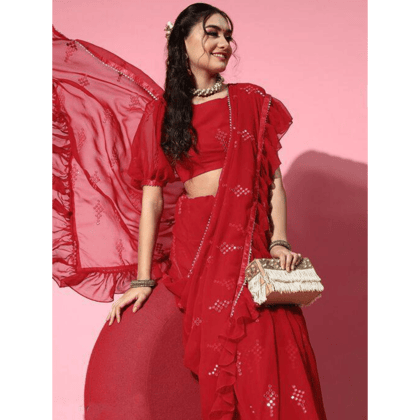 TheHangr Red Unique Flurrry Border Design Saree With Blouse Piece