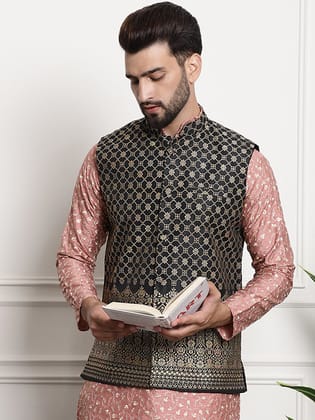 Men's Jacquard Silk, Black with traditional Work On Bottom-36