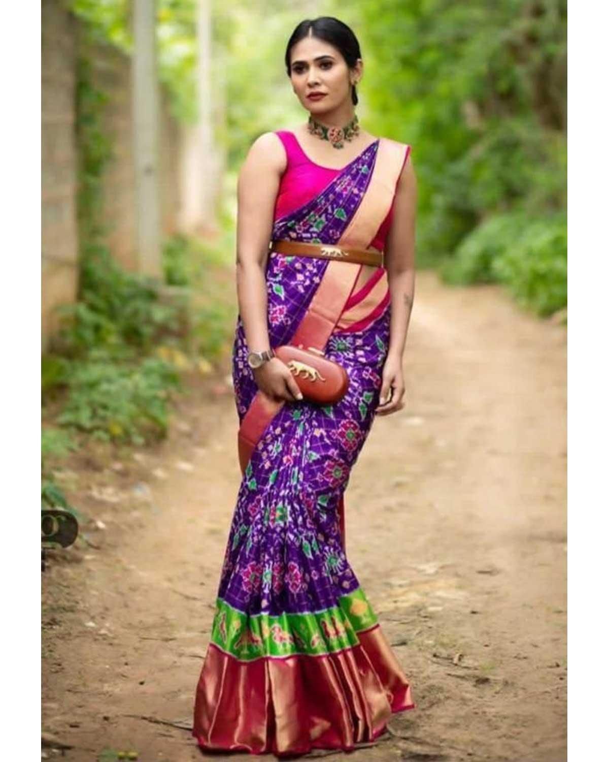 POCHAMPALLY IKKAT SILK BLUE WITH PINK COLOR SAREE