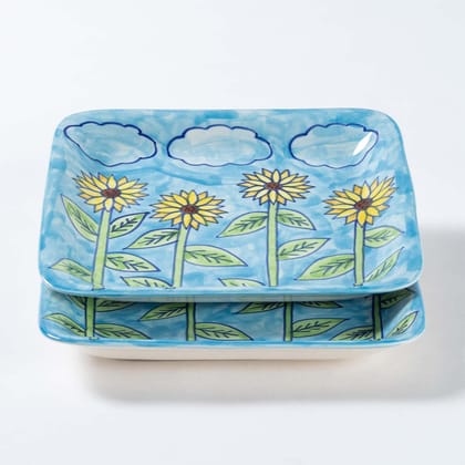 Sunflower-Painted Ceramic Square Serving Platter Set of 2-8 Inches / Ceramic