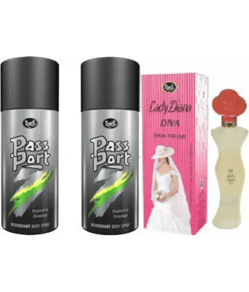 MONET PASSPORT DEO +LADY DIANA DIVA  - For Men & Women  (150 ml deo each and 200 ml perfume, Pack of 3)