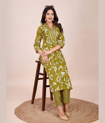 Women Basket Cotton Blend Printed Kurti With Pants Women's Stitched Salwar Suit - Green ( Pack of 1 )