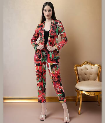 Zima Leto Women Printed Coat With Trousers Co-Ord Set ( Red )
