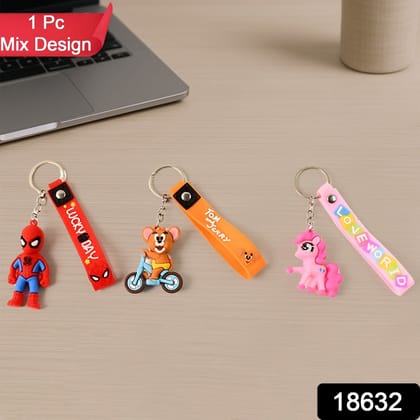 Cute Cartoon Silicone 3D Key Chain with Metal Hook & Strap (Pack of 1)