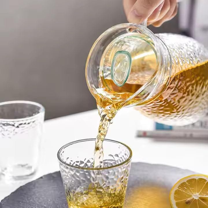 Premium Glass Water Jug Transparent Hot Cold Water Glass Pitcher with Lid Water Jug, Iced Tea, Milk and Juice Beverage Carafe, Lemon Jug (1.5 Litre; Pack of 1)