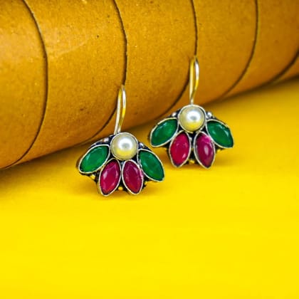 Silver Oxidised Stone Earrings with Pearls, Green and Pink Stones
