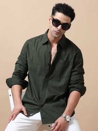 Premium Men Shirt, Regular Fit, Pure Cotton, Full Sleeve, Dark Olive-S / Green