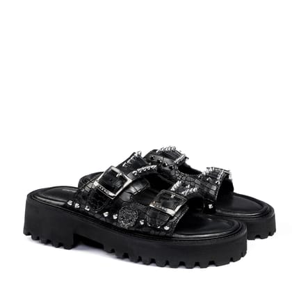 Studded Slide-in Slippers with Chunky Sole in Black Cut Croco Leather Detailing-41/7