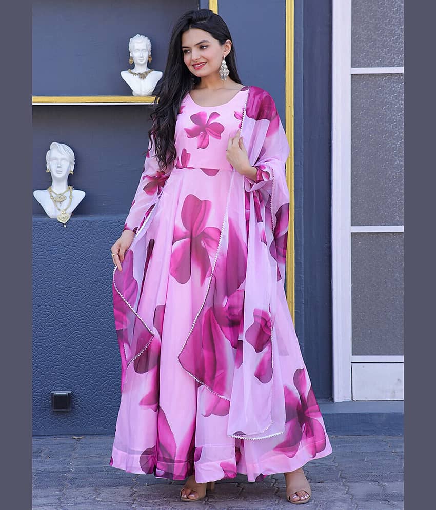 Femvy Women Cotton Blend Printed Fit & Flare Dress ( Pink )