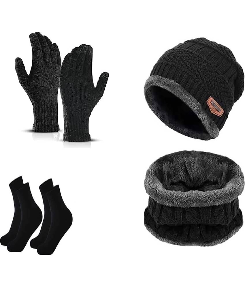 BAYEMA Pack of 5 Woollen Men's Cap ( Black )