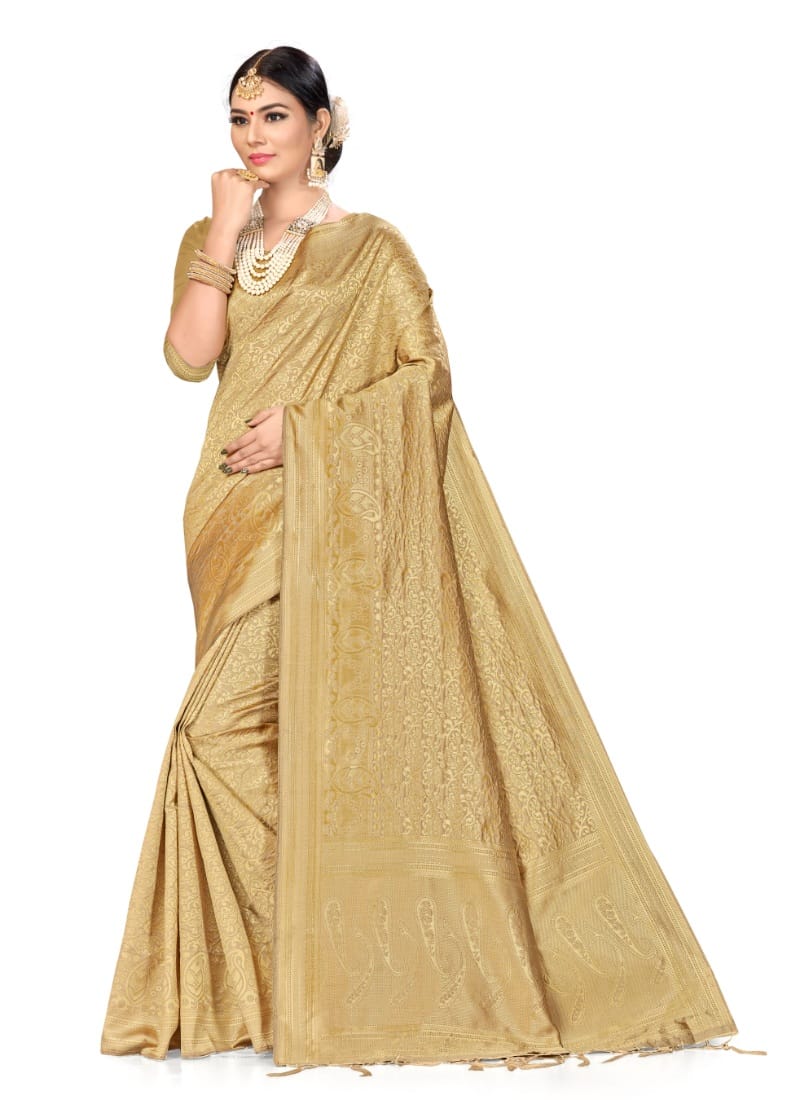 Generic Women's Banarasi Silk Saree (Cream, 5-6 Mtr)