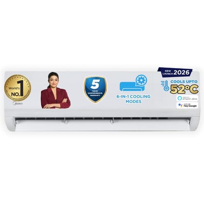 Midea 1Ton 3 Star, New Star Rated, Wifi Inverter Split AC with 6-in-1 Convertible Cooling, Turbo Mode, Heavy Duty Cooling at 52℃, Auto Clean&HD+PM 2.5 Filter(Copper, AC 1Ton MAI12SD3R36W0, White) Midea 1Ton 3 Star, New Star Rated, Wifi Inverter Split AC 
