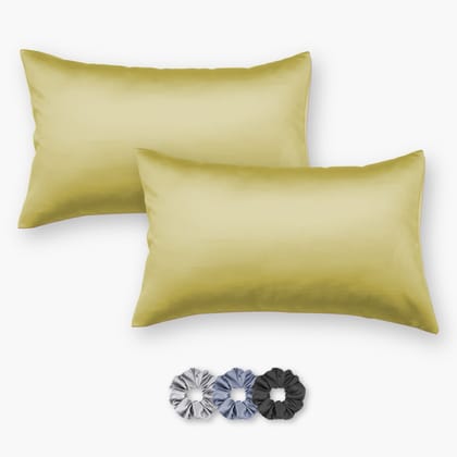 Green Satin Pillow Covers - Set of 2 (With 3 Free Scrunchies)-17 X 27 inch - Standard