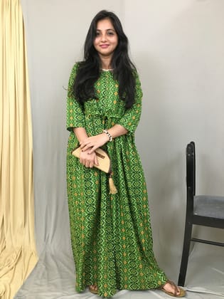 Patola Green Yellow - Maternity Kurti with Feeding Zips - Cotton Flex - Thicker Fabric-36 - 38 ( S - M )