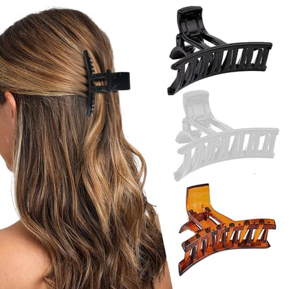 BIRDWARE big size hair clips for women, girls Multi Color Imported Rubber Acrylic Material Stone Butterfly (Pack of 3 Pc, Multi Colour) | Hair Clutchers (Black-Shell-White) BIRDWARE big size hair clips for women, girls Multi Color Imported Rubber Acrylic