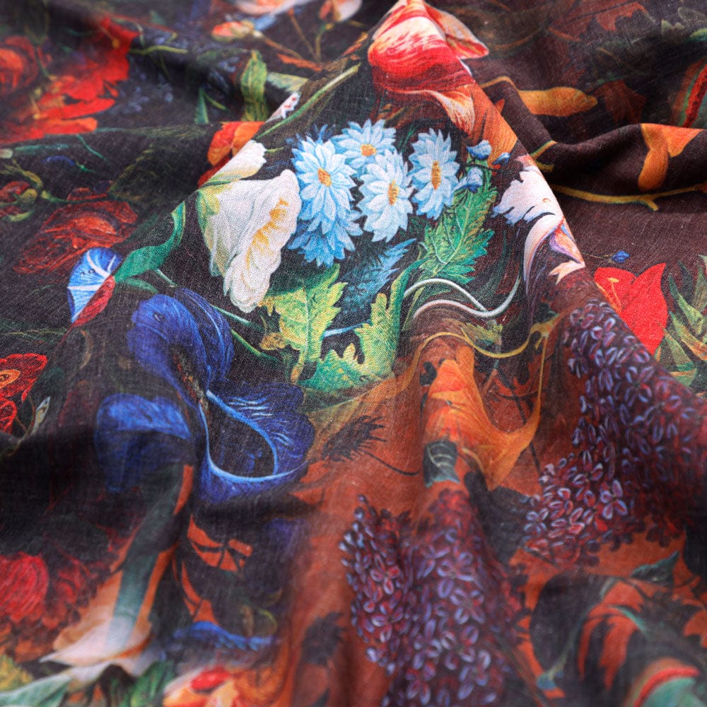 Gorgeous digital printed cotton fabric with damask pattern in black and multicolor