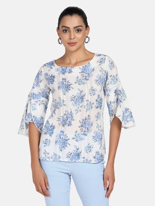 Cotton Printed Top - Blue & White-M