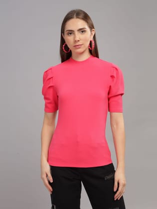 Women Karara Top, Puff Sleeve, Polyester, Pink-XS / Pink