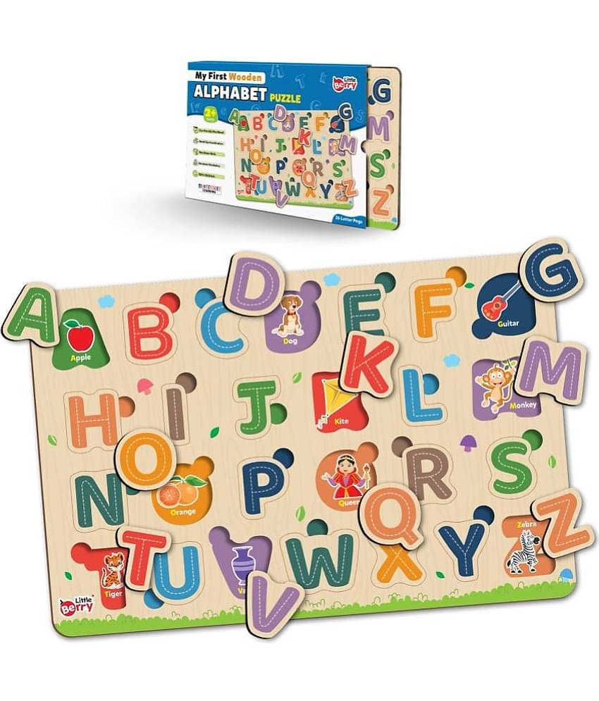 English Alphabet ABCD Letters Wooden Puzzle Board with Pictures for Kids - Knob & Peg Puzzles Games for Boys, Girls, Preschool Children - Learning & Education Wooden Toy Jigsaw Puzzle Set - Fun & Learn Puzzle Tray With Knob For Kids