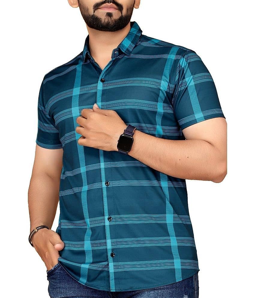 STI Cotton Blend Regular Fit Checks Half Sleeves Men's Casual Shirt - Teal ( Pack of 1 )