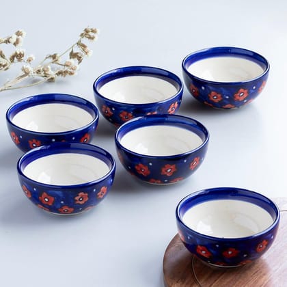 Red and Blue Floral Ceramic Portion Bowls Set of 6-4 inches x 2 inches / Blue / Red / Ceramic