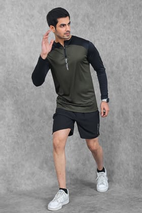 Active Two-Tone 1/4 zip & Shorts Set- Olive/Black & Black-S