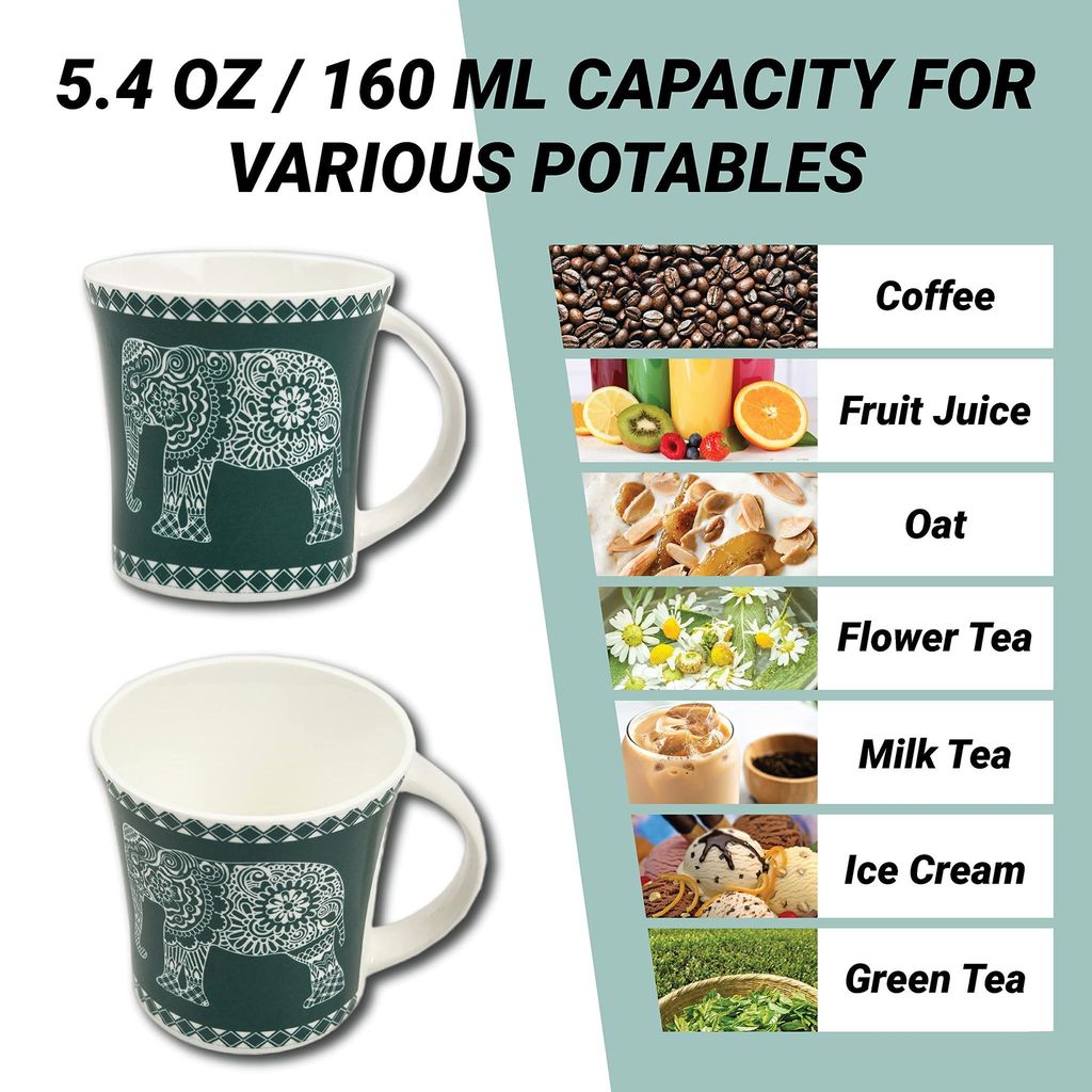 Femora Turquoise Majestic Elephant Design Tea Cups, Ceramic Tea Cups, Coffee Mugs (160 ml) - 6 Pcs Set (Green)