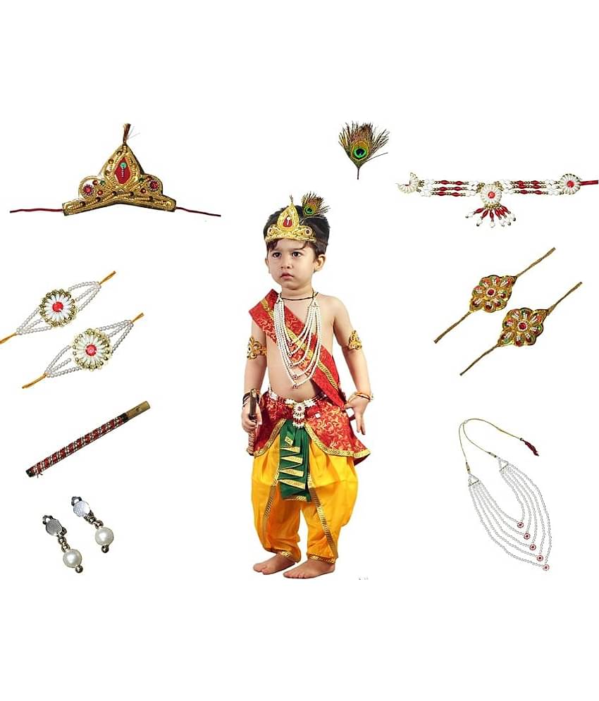 Kaku Fancy Dresses Krishna Costume for Kids Infant Baby Krishna Dress for Boys (Set of 11 - Red Dhoti, Patka(Stole), Belt, Mukut, Layer Pearl Mala, Moti Bajuband, Earrings, Bansuri & Morpankh)