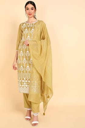 Khaki Poly Silk Embroidered Straight Suit Set PKSKD1345