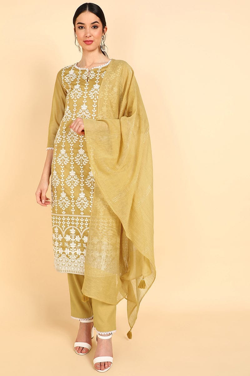Khaki Poly Silk Embroidered Straight Suit Set PKSKD1345