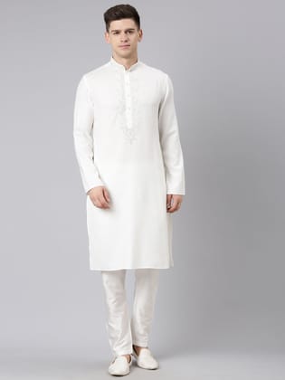 Cream Cotton Dori Embroidery Kurta-Made To Measure / Only Kurta - No Lowers