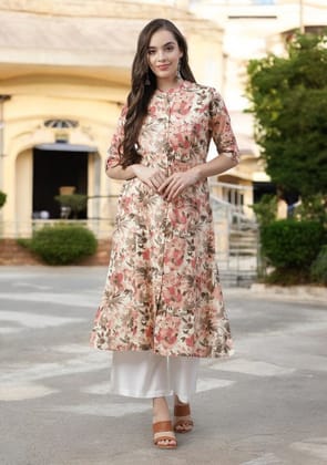 Cream Cotton Floral Print A-line Kurta-L
