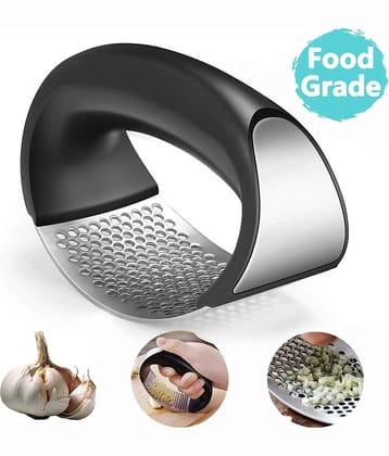 CORAL TREE Durable 304 Stainless Steel and Plastic Portable Garlic Crusher Ginger Mincer Squeezer Press Rocker Kitchen Chopper with Handle (3.94x2.7-Inches, Black)