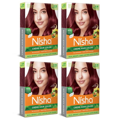 Nisha Creme Hair Color Burgundy 40gm Pack of 4, Permanent Hair Color for Women Men, No Ammonia, 100% Grey Coverage