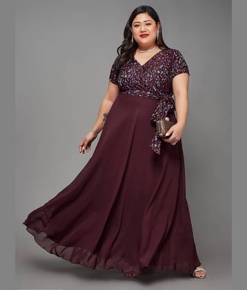 Miss Chase A+ Women Georgette Self Design Fit & Flare Dress ( Wine )
