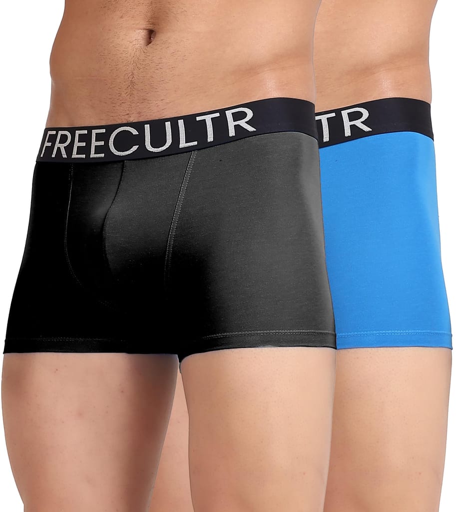 Freecultr Men's Underwear Organic Cotton (Ultrasoft Waistband) Premium Snug-Fit Trunk Pack of 2-Black,Brilliant Blue