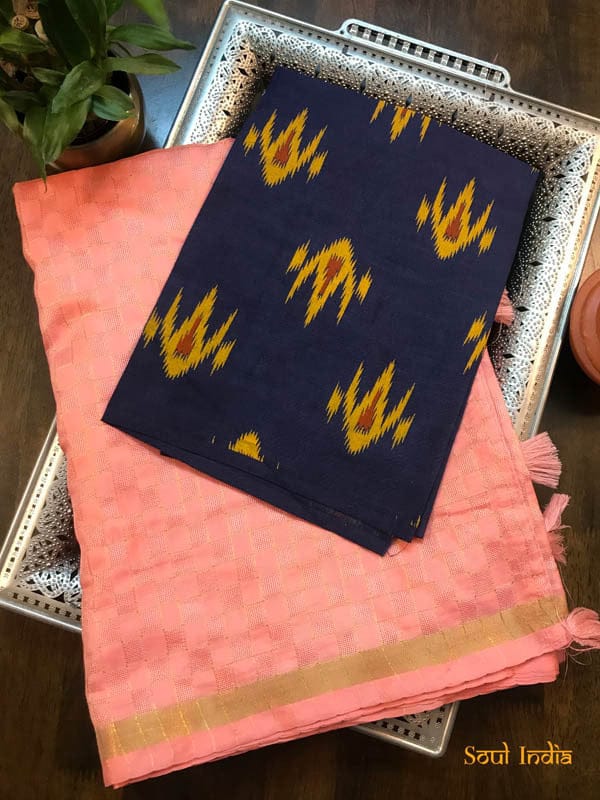 Silk Kota Saree With Contrasting Ikkat Blouse - Peach