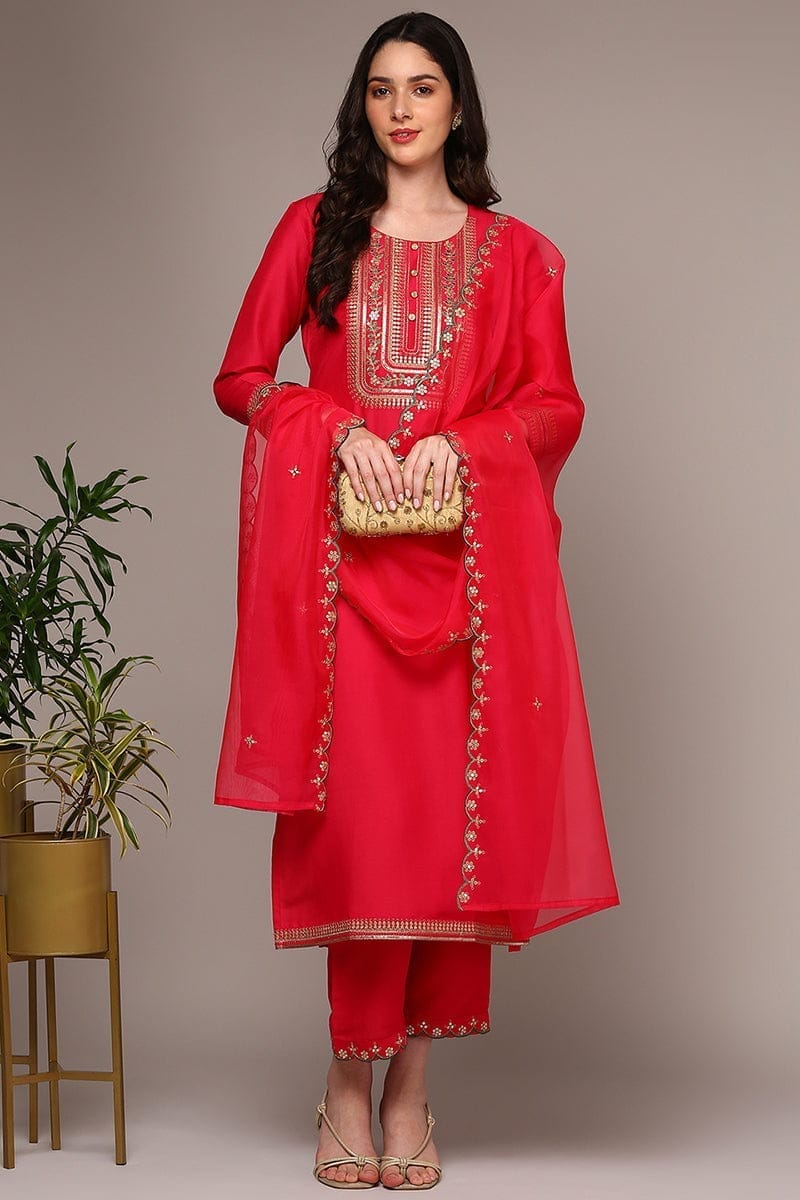 Plus Size Pink Silk Blend Yoke Design Straight Suit Set PKSKD1992