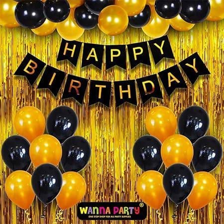 Happy Birthday Banner Decoration Kit including Birthday Banner, Foil Curtain and Black & Golden Balloons- Set of 34Pcs - Party and Festive Needs | Buy online on ZillyBuy