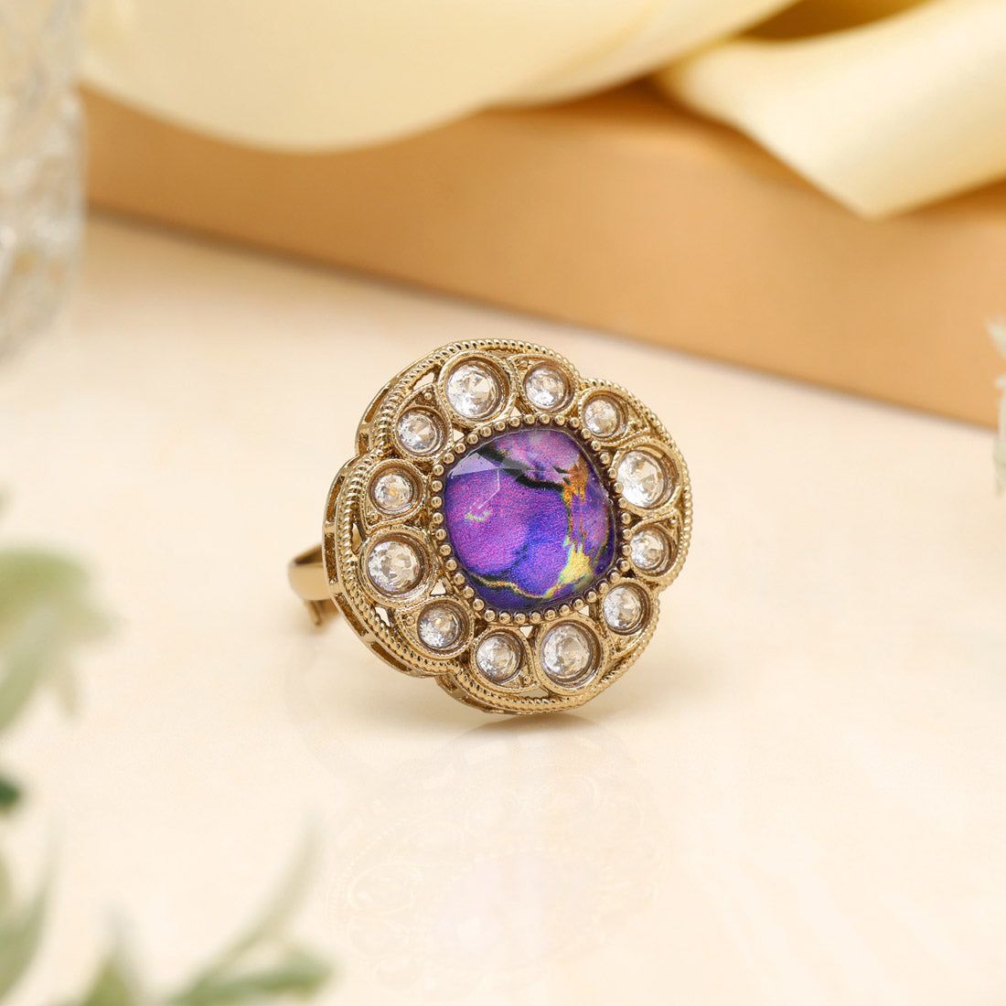 Elegant Purple Color Kundan Ring For Women-Ring_Size_Adjustable | Diameter Length: 2.50 CM x Width: 2.50 CM / Purple / Alloy With Good Quality Mehndi Gold Plated