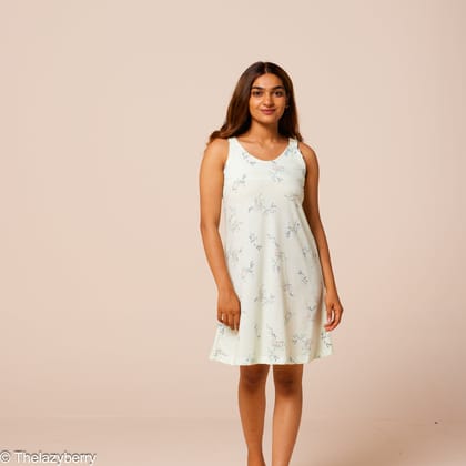 Off-white with a hint of green floral print nighty.-M