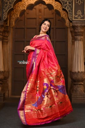 Chandrakor: Handloom Pure Silk Paithani Saree with Traditional Peacock Pallu ~ Delight Pink