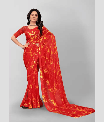 Sanjana Silk Georgette Printed Saree With Unstitched Blouse Piece ( Red )