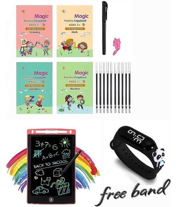 Combo Of 3 Pack - Sank Magic Practice Copy book & LCD Writing Tablet slate & Taddy Band Watch Digitel Multicolor By Vinay Book Store